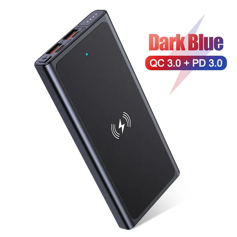 10000mAh wireless power bank with alloy shell black blue fast charging built-in plug