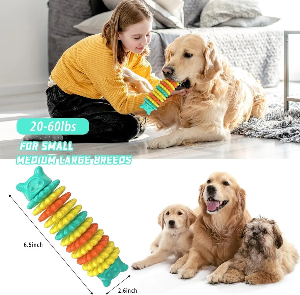 Blue natural rubber caterpillar-shaped dog chew toy measuring 17 cm long