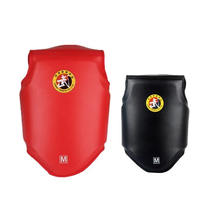 Red boxing helmet and matching one-piece chest protector set for training