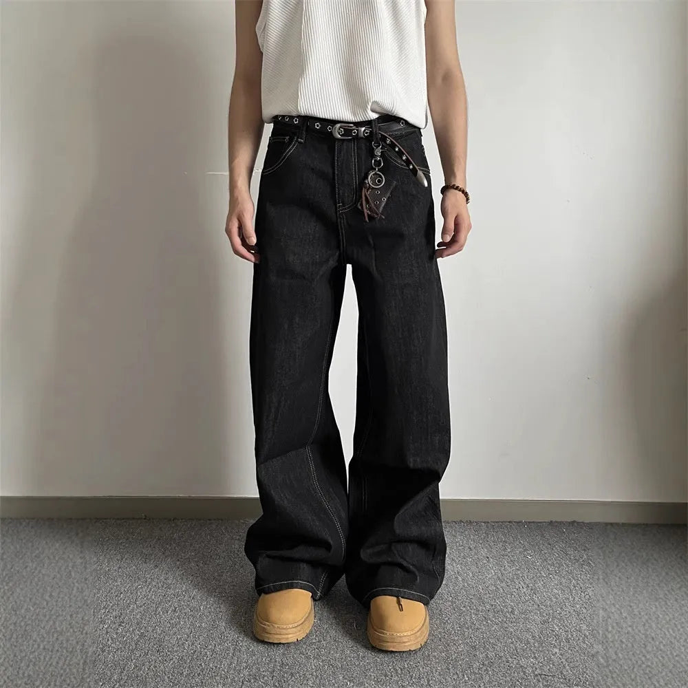 Black retro straight-leg jeans with wide-leg cut and mid-waist zip fly