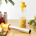 Yellow cylindrical corn stripper tool with ABS plastic and stainless steel construction for threshing corn kernels