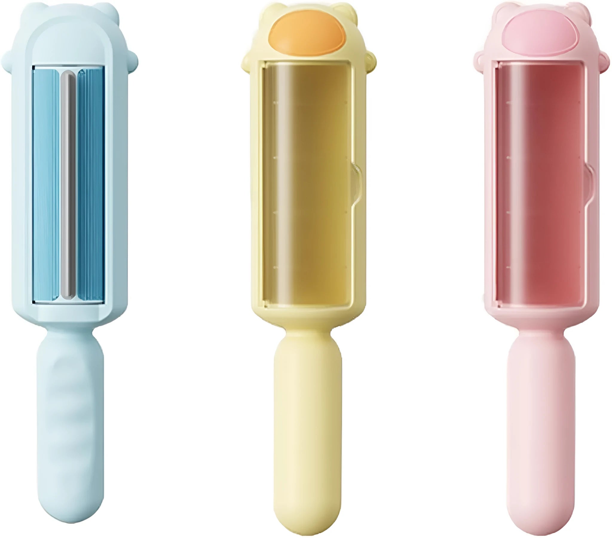 Reusable pet hair remover roller with self-cleaning base in blue, pink, or yellow colours.