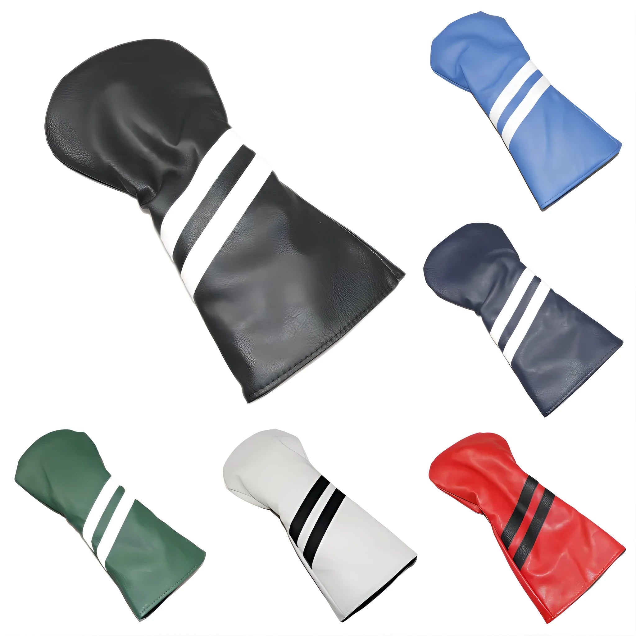 PU golf club head cover sleeve with two diagonal stripes for wood clubs, shown in multiple colours and sizes.