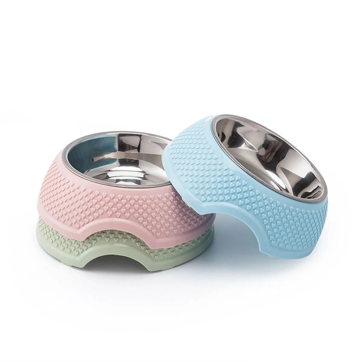 Set of four coloured stainless steel pet bowls with non-slip bases for cats and dogs