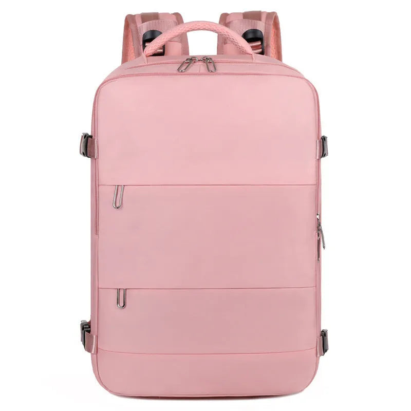 Large-capacity travel backpack in purple, grey, black, or pink with organised compartments and waterproof Oxford fabric