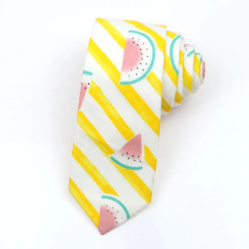 Korean style narrow men's cotton bow tie with a cartoon print pattern on an adjustable neck band.