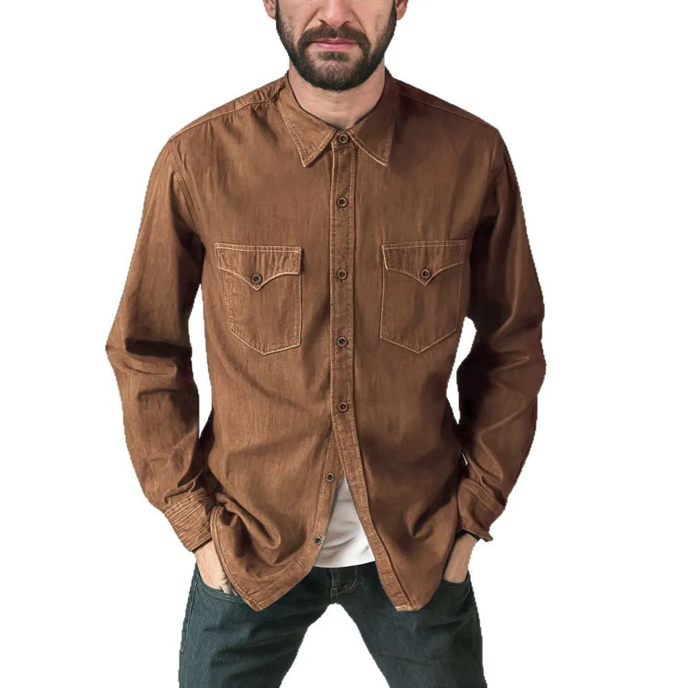A man or woman wearing a regular-fit denim cardigan coat in khaki, showcasing button-front style.