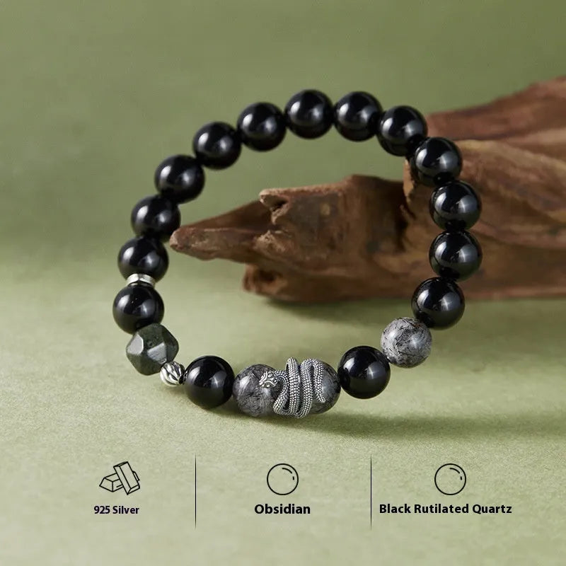 Men's retro 925 sterling silver bracelet with 10mm black obsidian snake crystal.