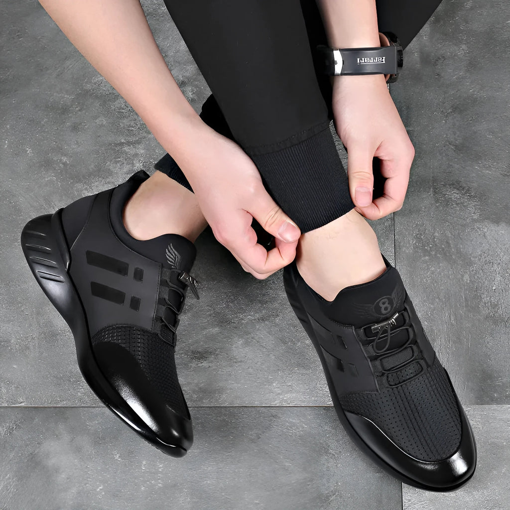 Men's black genuine leather casual shoes with a chunky rubber sole for height increase.
