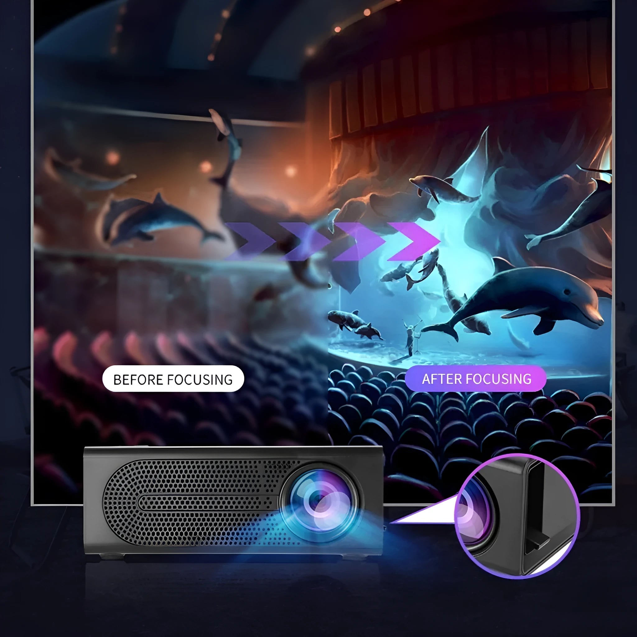 Black and white portable mini projector for wired mobile phone connection.