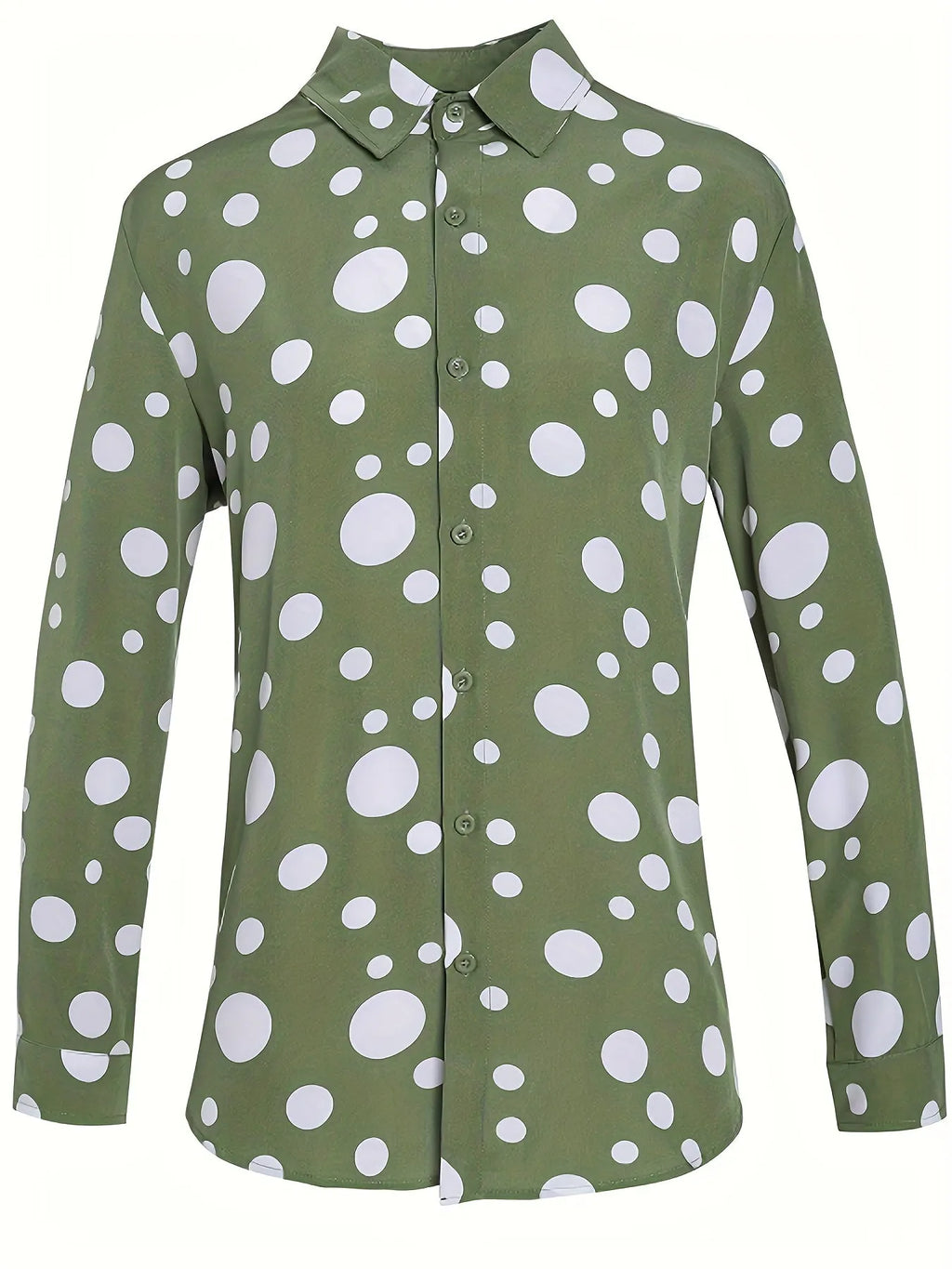 Long-sleeved polka dot shirt in military green with white dots, fitted cut for men