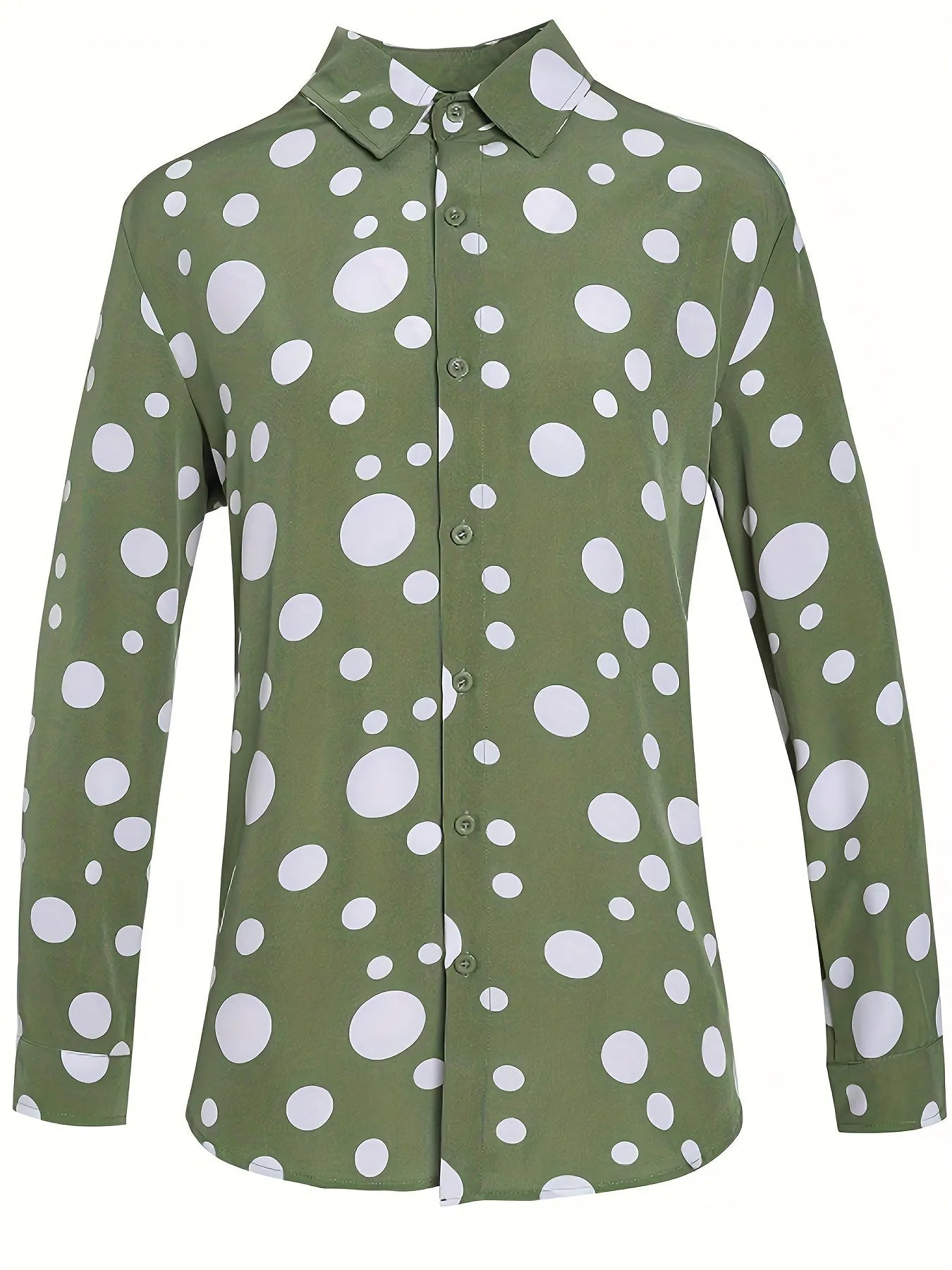 Long-sleeved polka dot shirt in military green with white dots, fitted cut for men