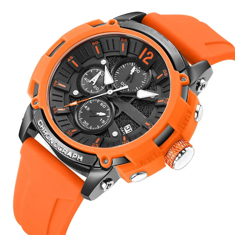 Men's multi-function digital watch with luminous display on a wrist, showing black, blue, green, orange, and red colour options.