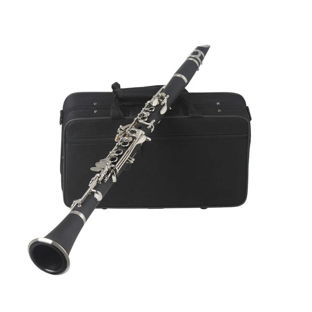 Black Bakelite beginner clarinet with nickel-plated 17-key mechanism and included carrying bag.