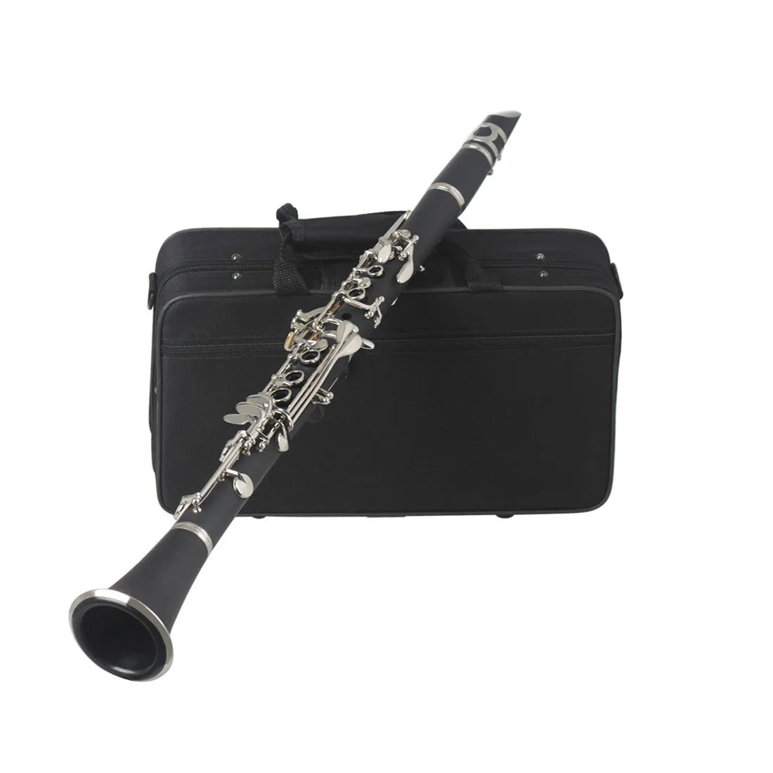 Black Bakelite beginner clarinet with nickel-plated 17-key mechanism and included carrying bag.
