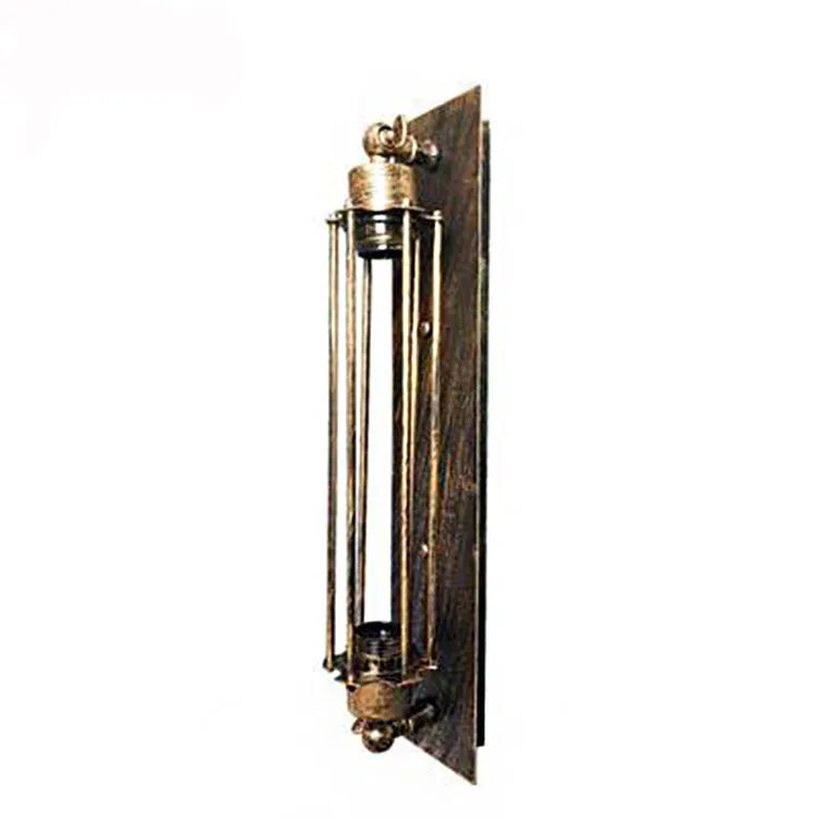 Industrial retro iron wall lamp in antique bronze finish showing flute design.