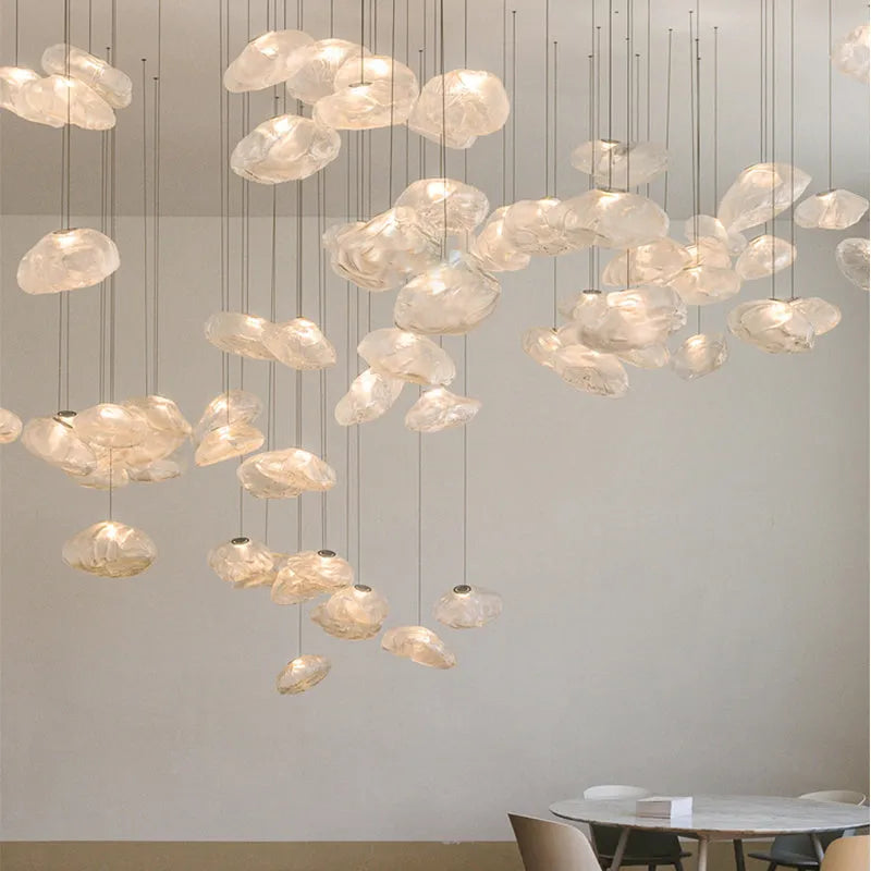 Postmodern light luxury glass chandelier in clear, amber, or smoke grey, showing 200mm and 300mm size options.