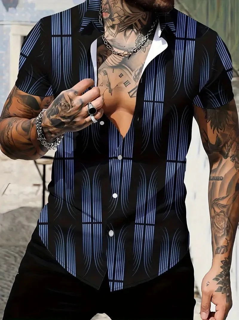 Men's slim fit geometric line print short sleeve shirt with a lapel collar.