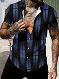 Men's slim fit geometric line print short sleeve shirt with a lapel collar.