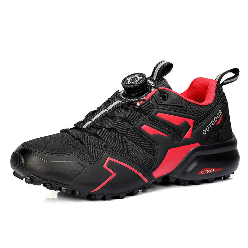 Men's beige hiking shoes with elastic band closure and rubber outsole for off-road use