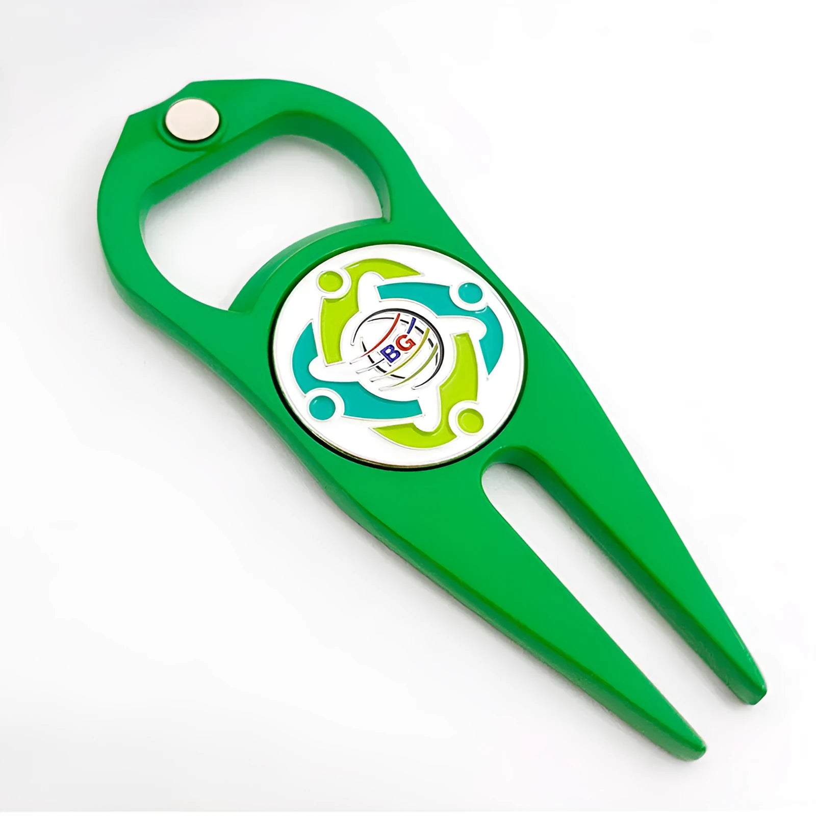 Zinc alloy golf ball yoke and bottle opener tool in black or green on a putting green.