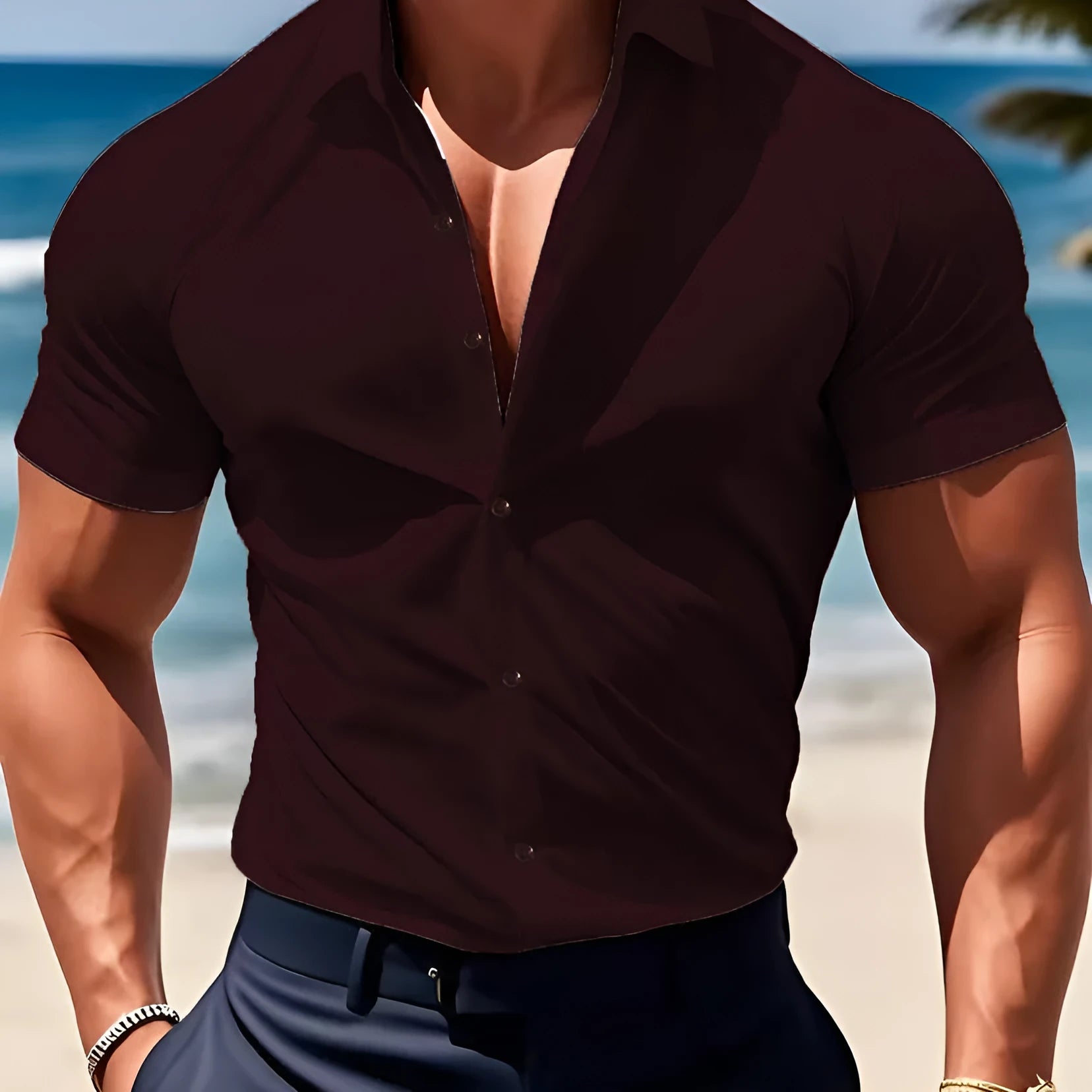 Men's casual short sleeve printed shirt with collar in cardigan style, available in multiple colours.