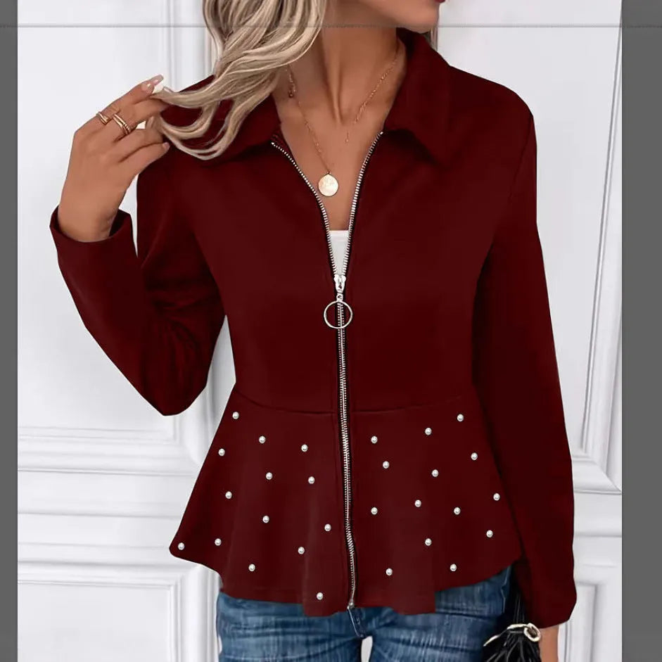 Women's black coat with heavy-duty zipper, beaded trim and ruffled hem in regenerated cellulose fibre blend