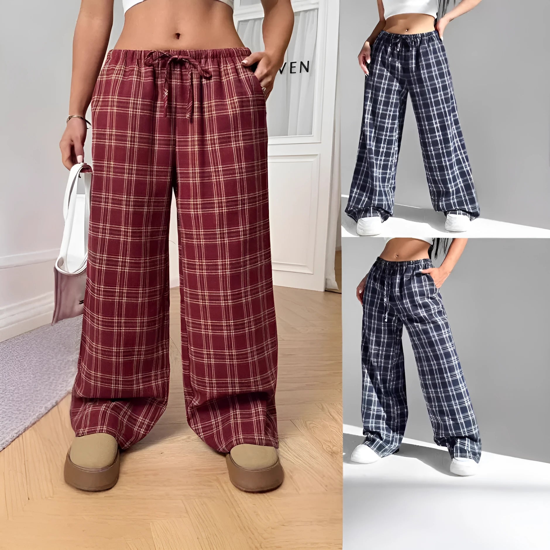 Women's red plaid loose trousers with drawstring waist and side pockets laid flat