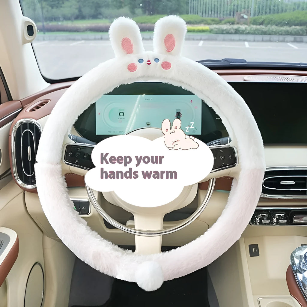 38cm plush steering wheel cover with cartoon embroidery designs including bear, bunny, cat and panda options