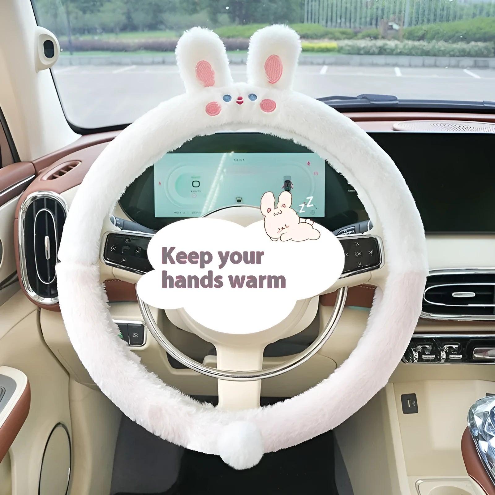 38cm plush steering wheel cover with cartoon embroidery designs including bear, bunny, cat and panda options