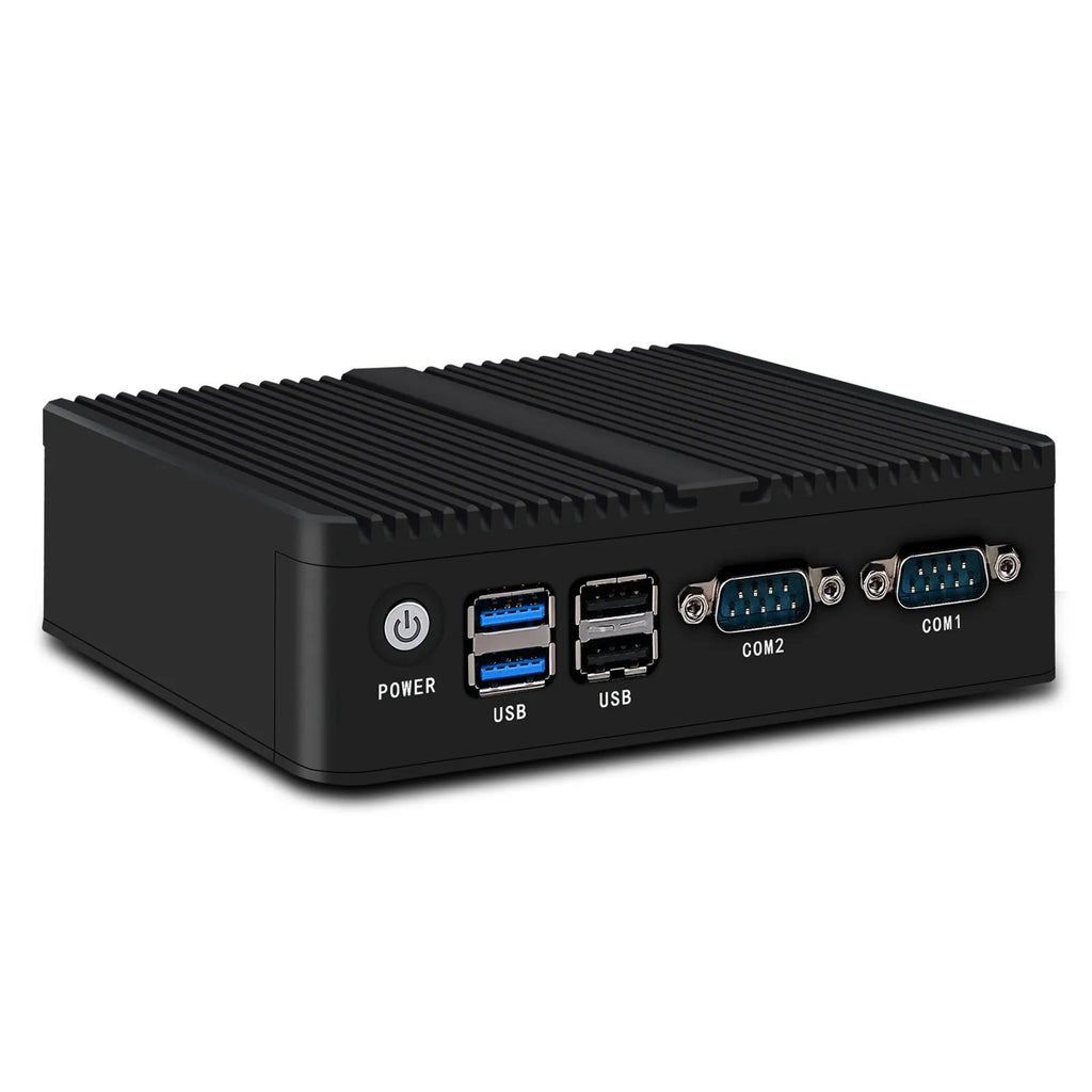 Industrial fanless mini PC with dual Ethernet ports and compact metal chassis