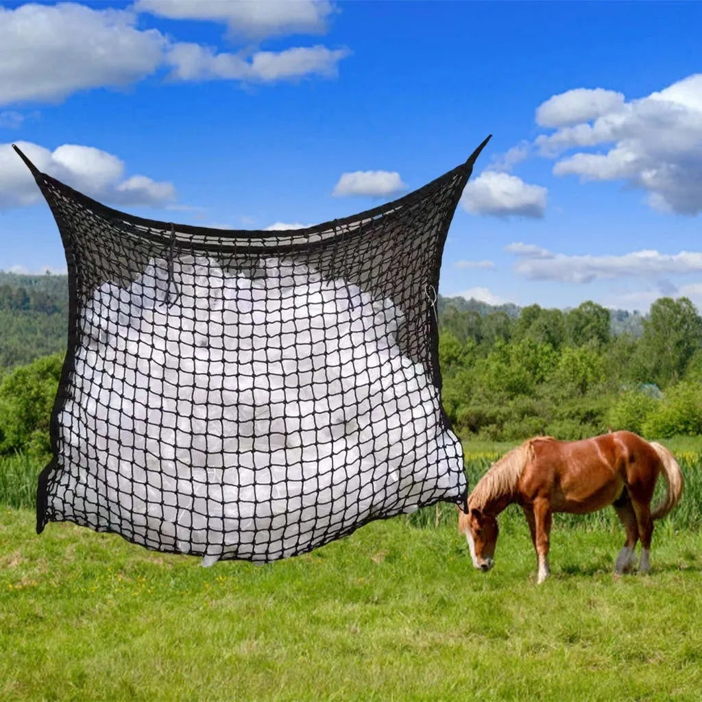 Black woven PE rope hanging feeding bag for horses with grid design