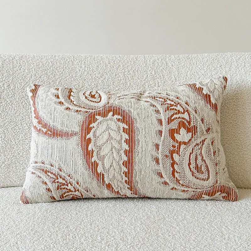 American-style jacquard sofa cushion cover with woven paisley and flower pattern in amber colours.