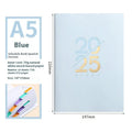 2025 A5 daily planner with faux leather cover showing colour options and open pages