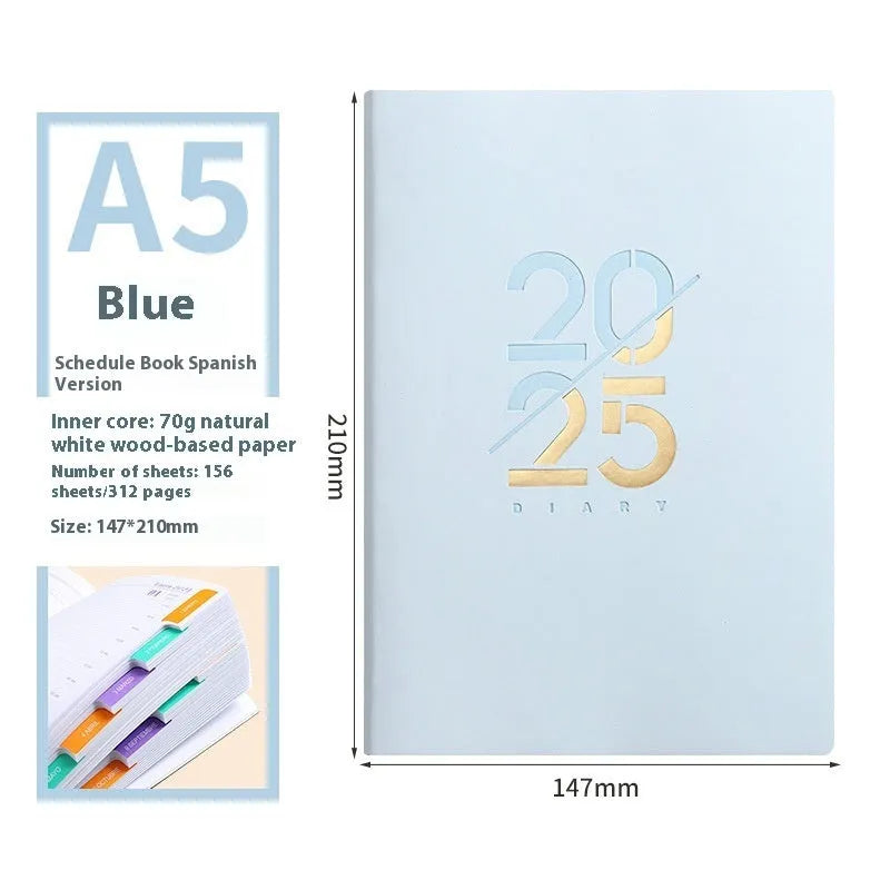 2025 A5 daily planner with faux leather cover showing colour options and open pages
