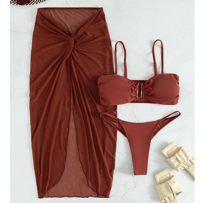 Women's multicolour bikini three-piece set with long culottes French style swimsuit