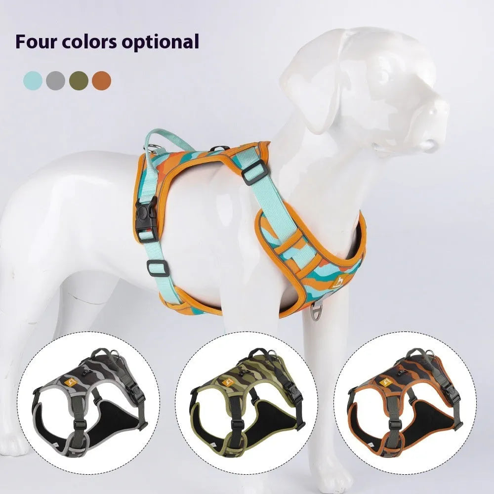 Orange reflective dog harness and lead with a chest and back design for secure walking control.