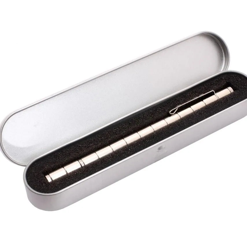 Magnetic modular pen with 13 rings, 12 steel balls, 3 refills, and capacitive head in silver iron box