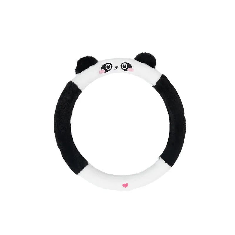 38cm plush steering wheel cover with cartoon embroidery designs including bear, bunny, cat and panda options