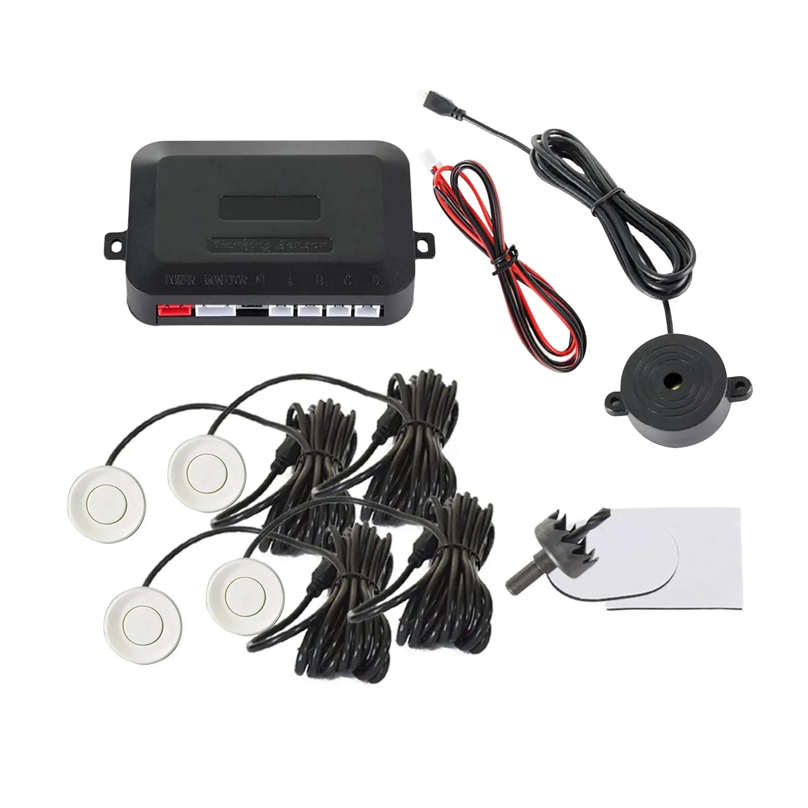 Four ultrasonic parking sensors and control module for vehicle reversing radar system with buzzer alerts