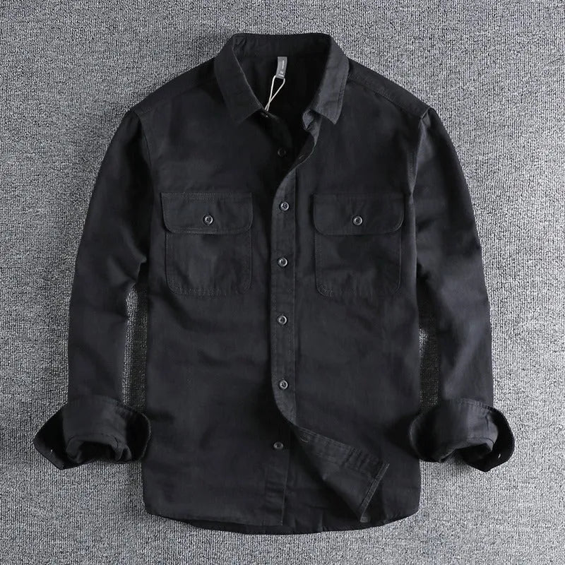Men's loose fit long sleeve cardigan shirt in polyester, shown in light grey, black, khaki, or green.