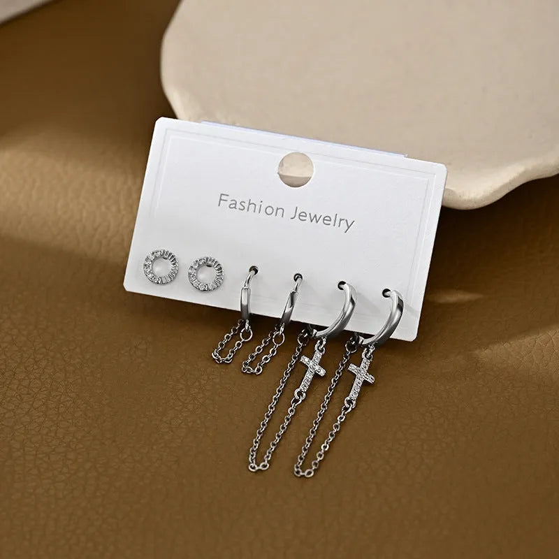 One Card Three Pairs Set Earrings for Women - Gold and Silver Copper Geometric Irregular Cross Ear Rings