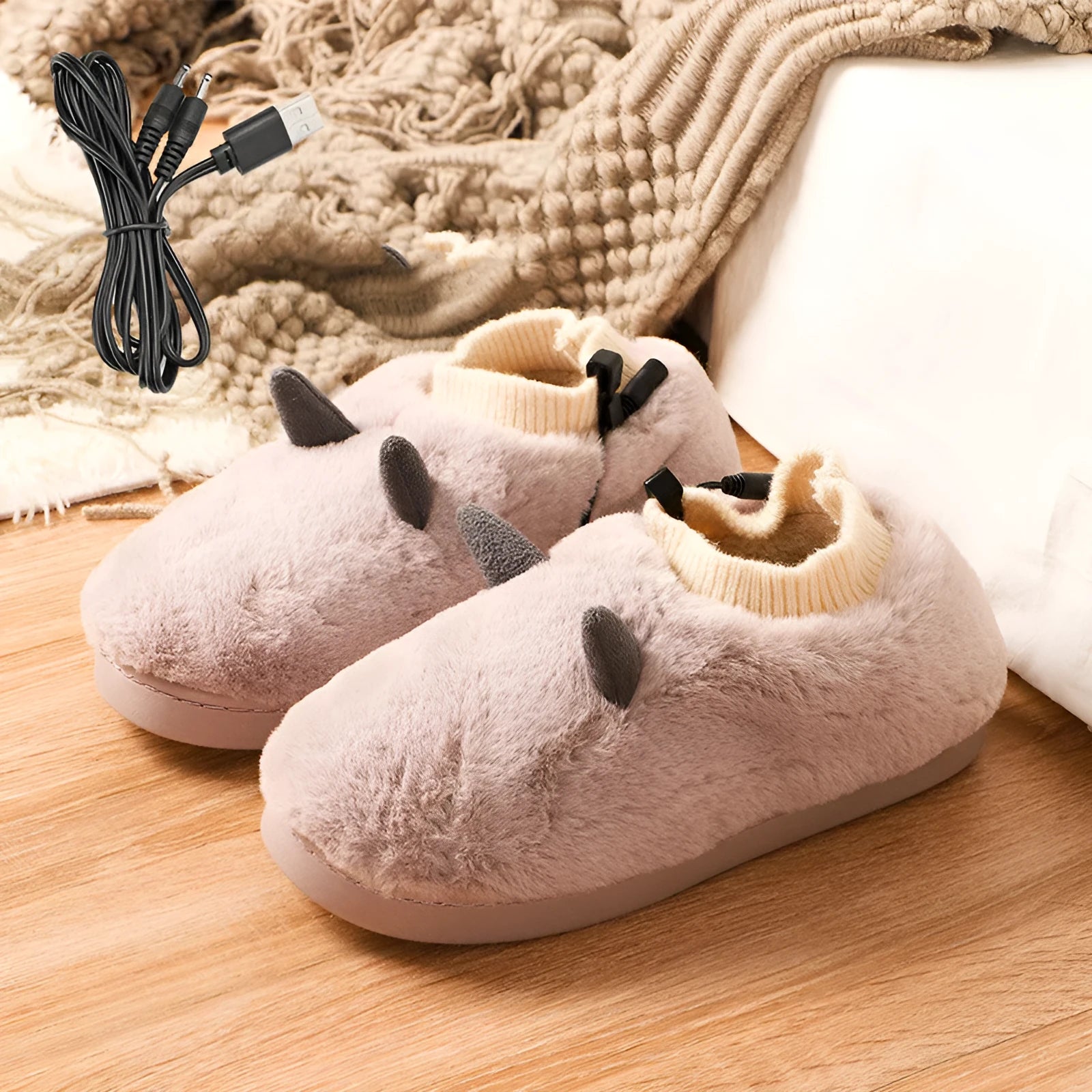USB electric heating slippers in grey with adjustable temperature control and soft velvet upper.