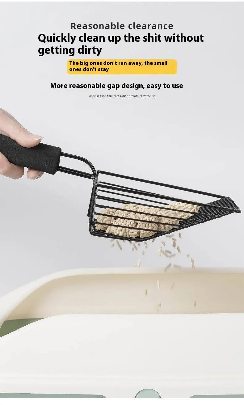 Black metal cat litter scoop with 0.8cm gaps between perforations