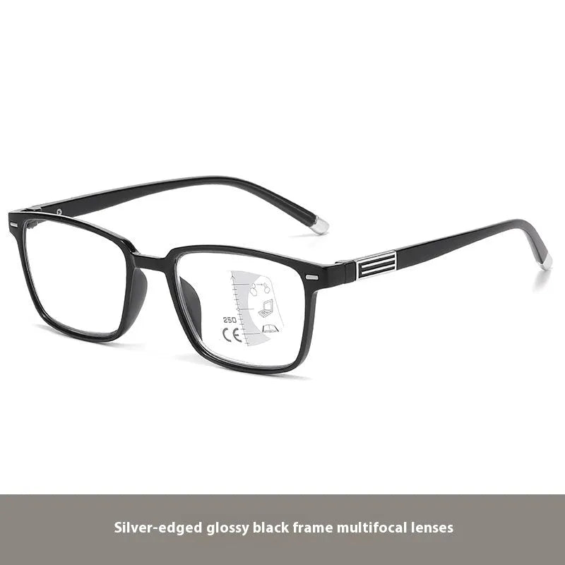 Anti blue light multifocal reading glasses with colour changing lenses in a black and gold frame style.