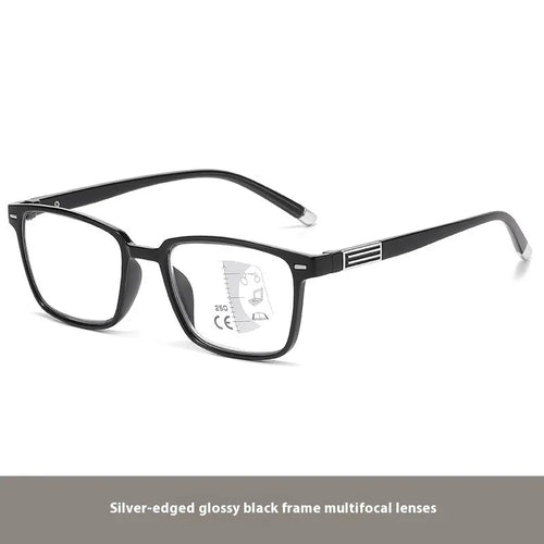 Anti blue light multifocal reading glasses with colour changing lenses in a black and gold frame style.