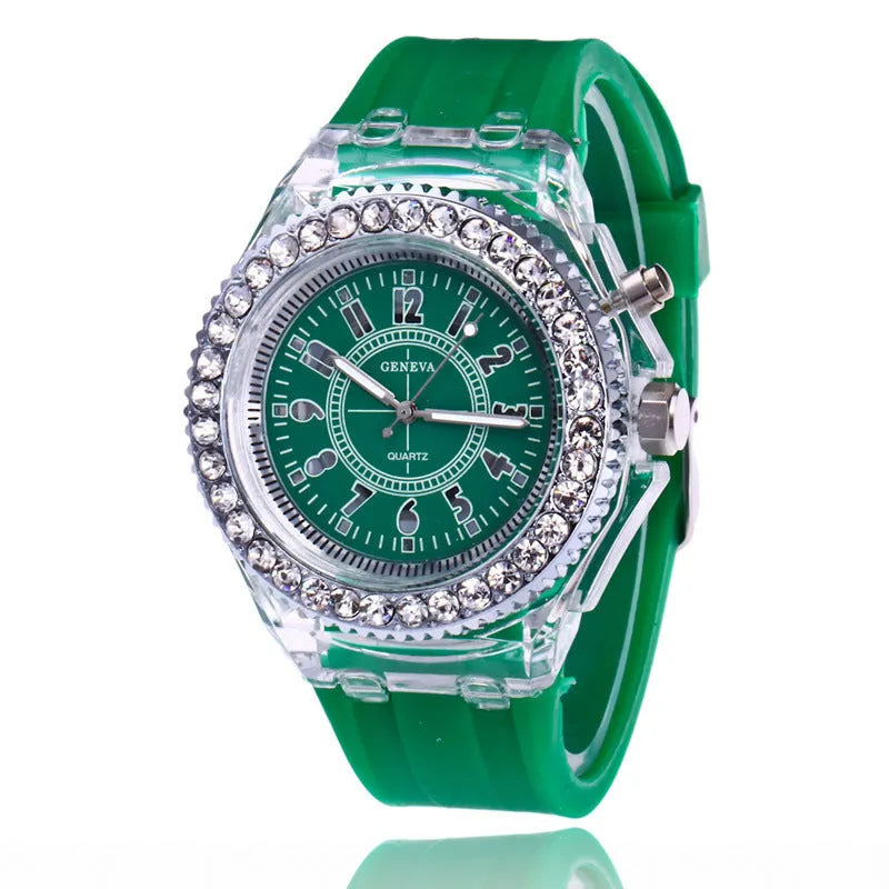 Women's LED luminous watch with round 43mm dial and coloured silicone strap