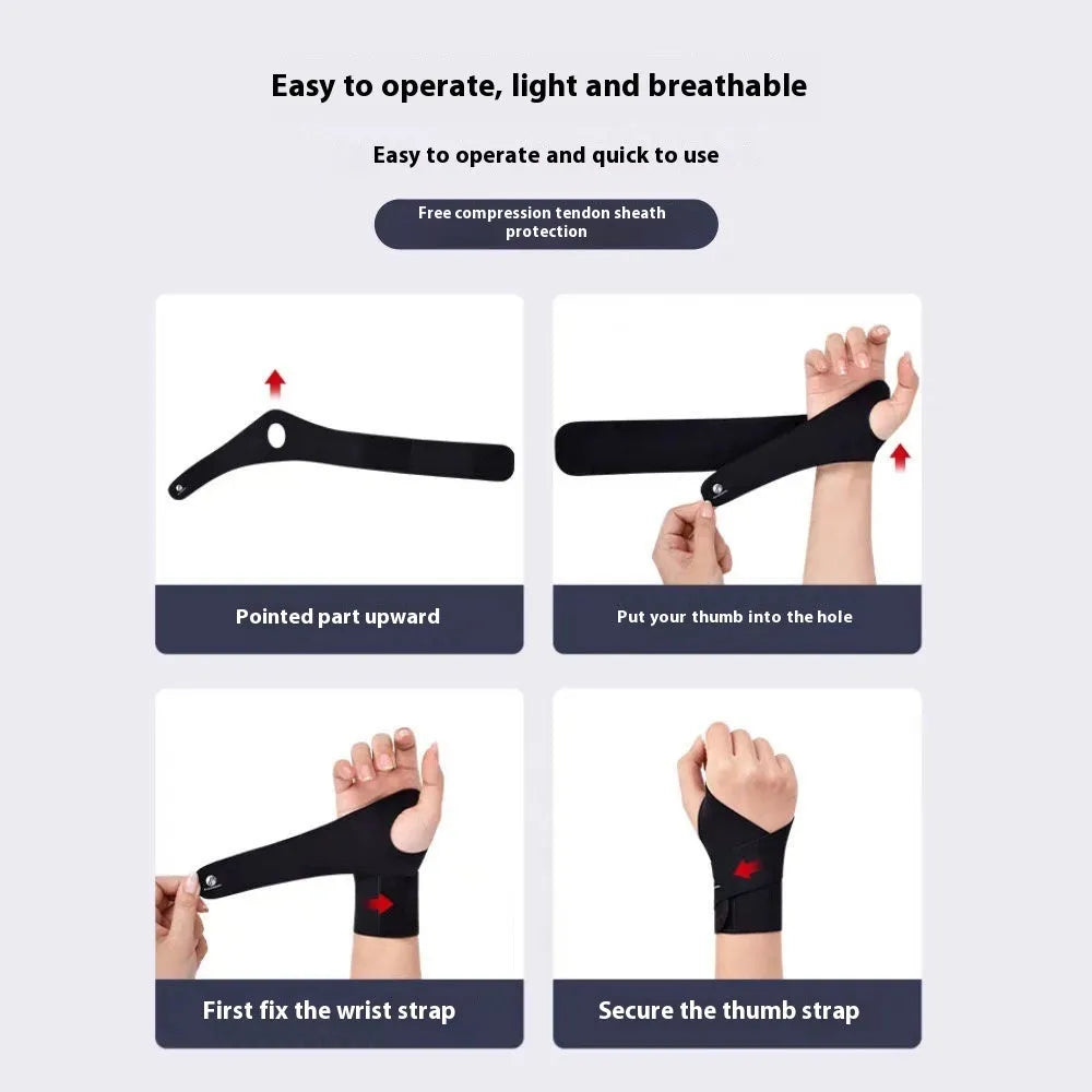 Black adjustable athletic wristguard for wrist support during sports like badminton and tennis.