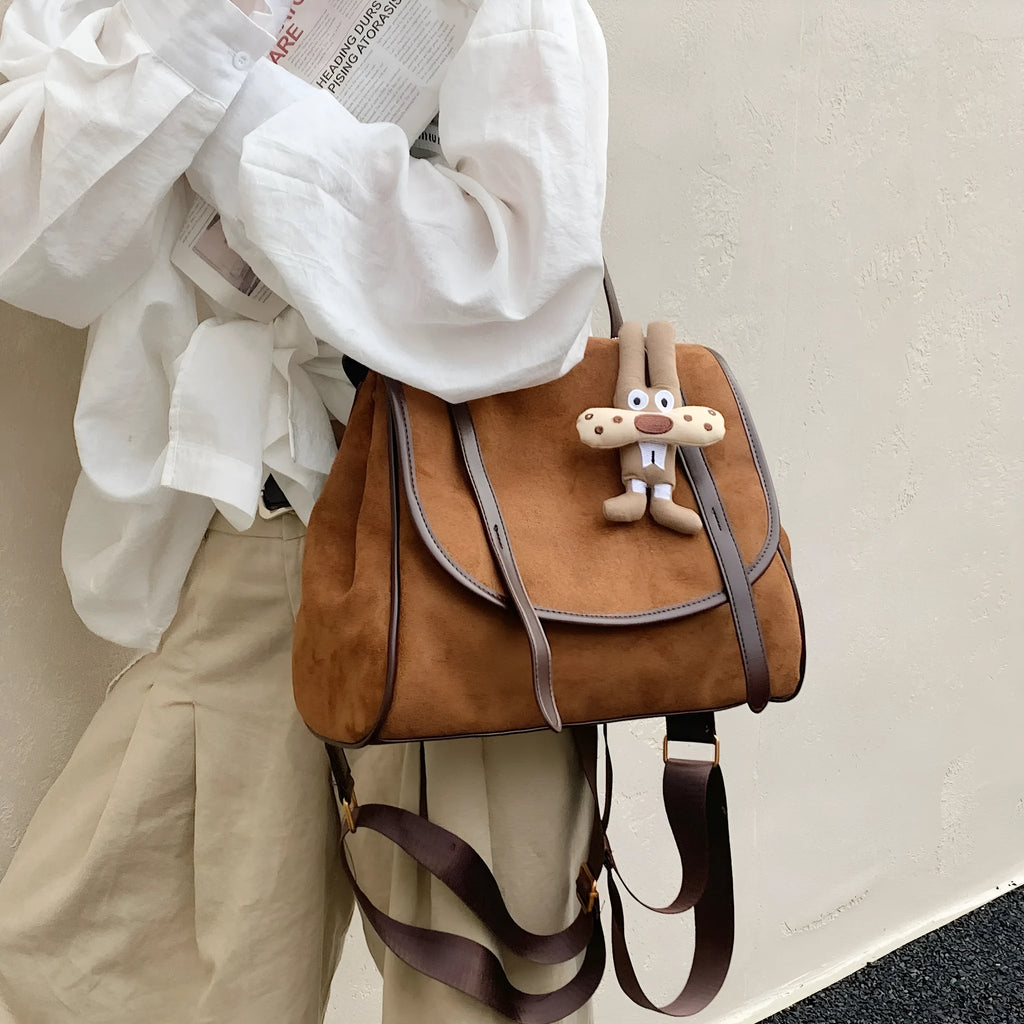 Women's large capacity retro suede briefcase in brown with pendant, PU leather, medium-soft finish