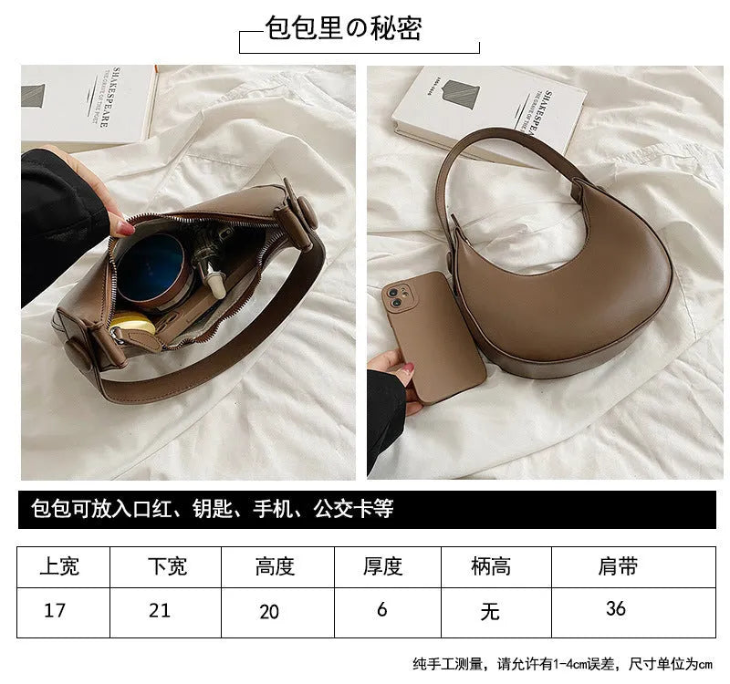 Retro women's dumpling-shaped shoulder bag in PU leather with zippered pocket